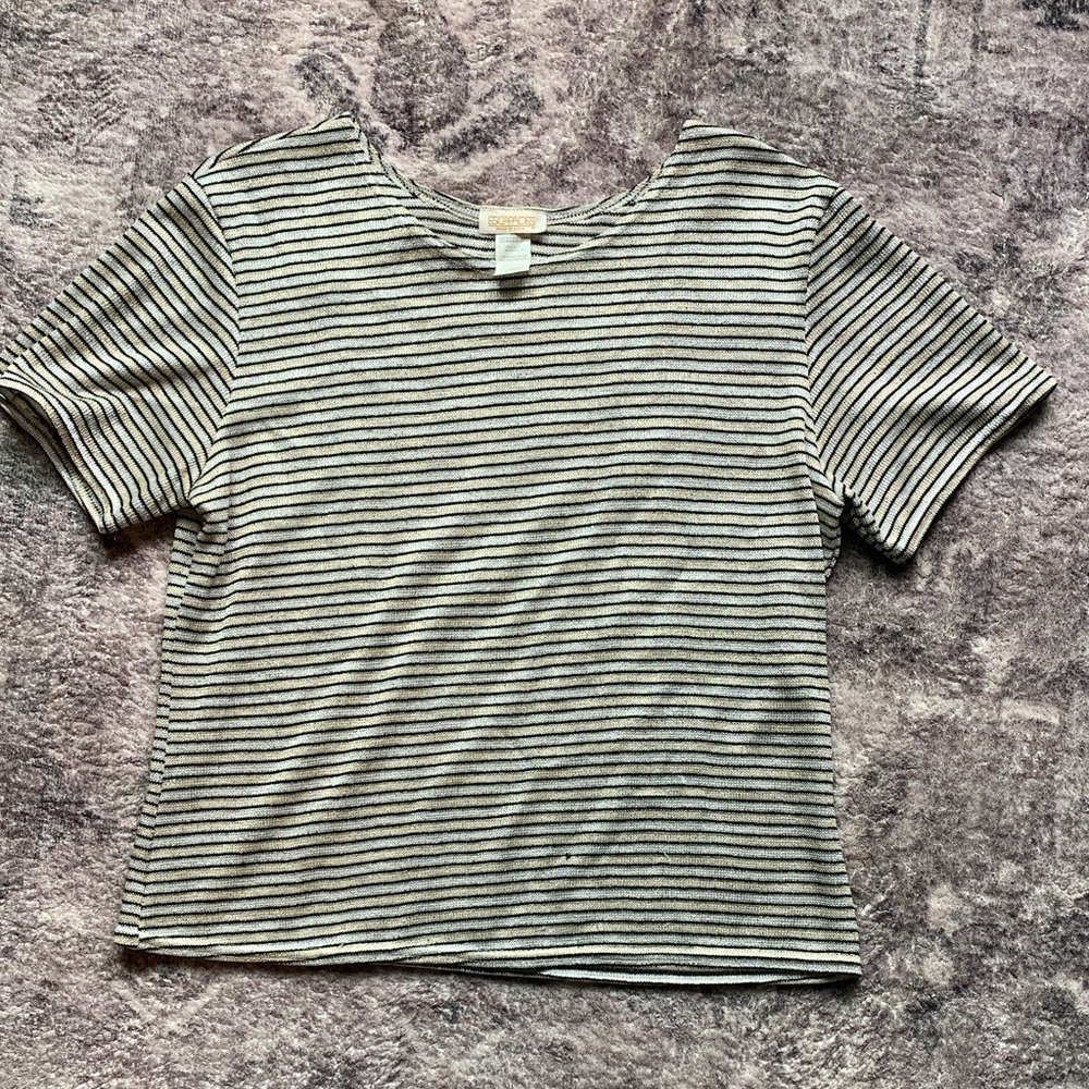 Striped Short Sleeve Top, Metallic Silver, gold and black size large